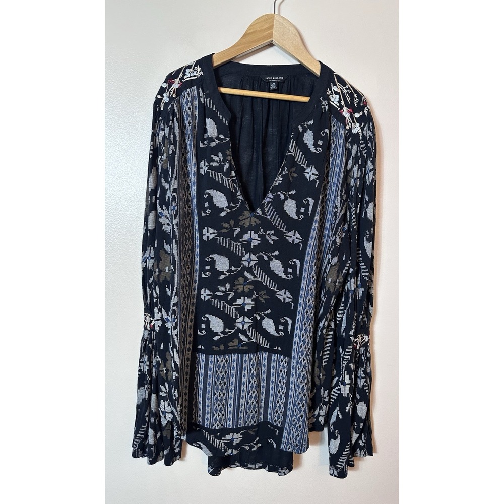 Lucky Brand Top Womens Large Black Floral Paisley Embroidered Tunic Bell Sleeve